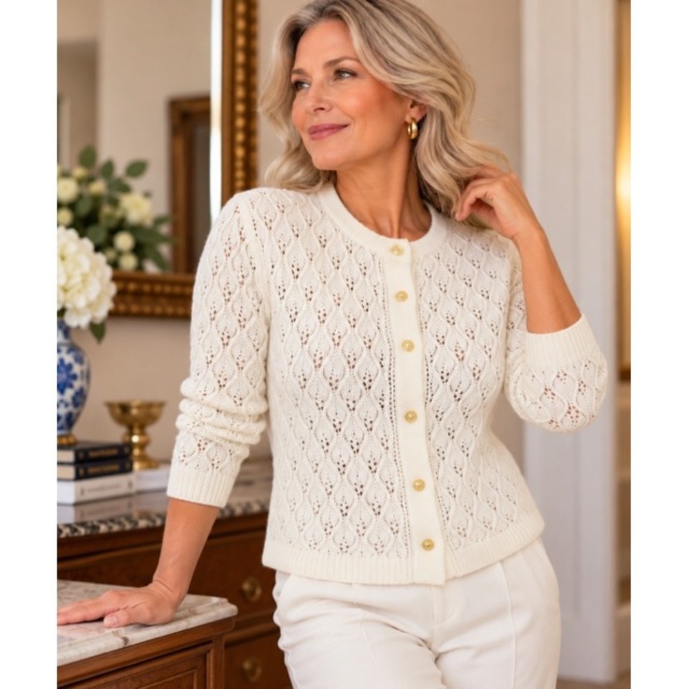 Vintage Rose Wintuk Orlon Acrylic Knit Cardigan Sweater Cream White Pointelle L